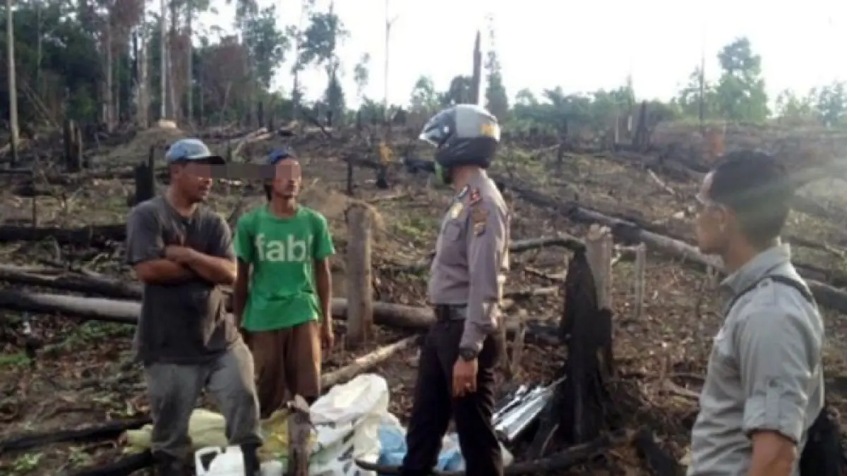 Tim penyidik Satreskrim Polres Pelalawan mengamankan seorang pelaku pembakar lahan di Kecamatan Teluk Meranti, belum lama ini. (Istimewa)