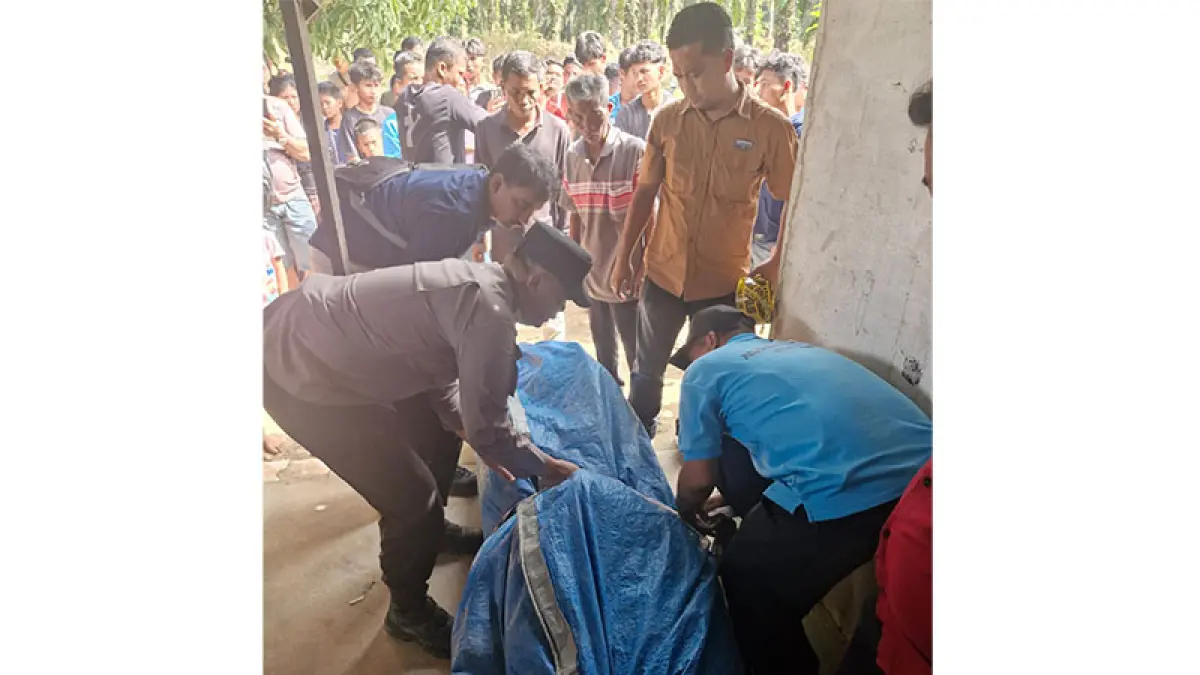 Petugas Polsek Pinggir melakukan evakuasi jasad ayah yang dibunuh anak kandung di Desa Tasik Serai, Kecamatan Talang Muandau, Kabupaten Bengkalis, Selasa (7/4/2026) siang. (ISTIMEWA)
