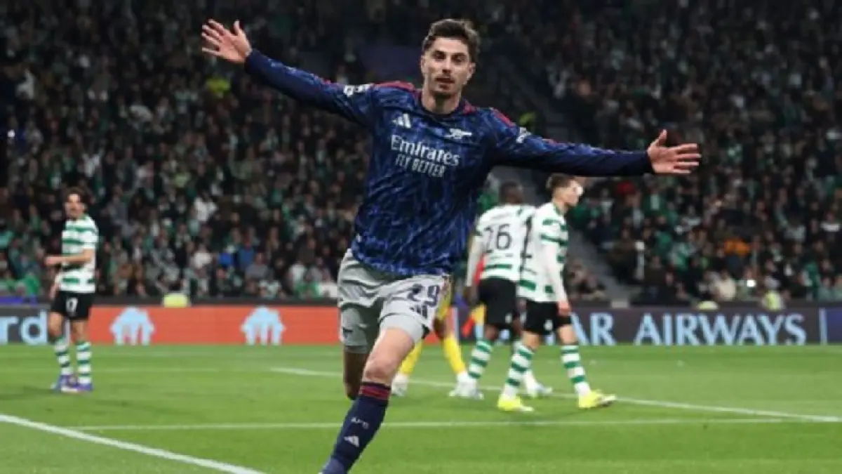Kai Havertz mencetak gol kemenangan di menit-menit akhir untuk memberi Arsenal keunggulan 1-0 dalam pertandingan leg 1 perempatfinal Liga Champions melawan Sporting CP. (UEFA/UEFA via Getty Images)