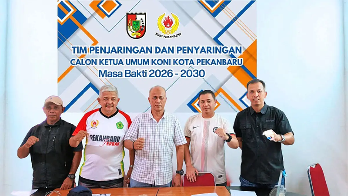 Foto bersama tim penjaringan dan penyaringan calon ketua umum KONI Kota Pekanbaru masa bakti 2026-2030, di Sekretariat KONI Kota Pekanbaru, Kamis (9/4/2026). (KONI Pekanbaru)
