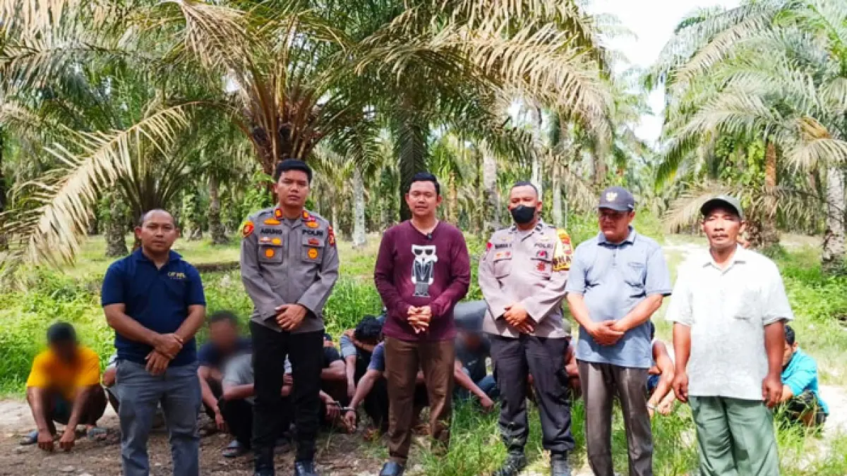 Sebanyak 17 warga Desa Muara Basung usai menikmati barang haram berupa sabu dikumpulkan dikebun dan kemudian digelandung ke Polsek Pinggir. (Istimewa)