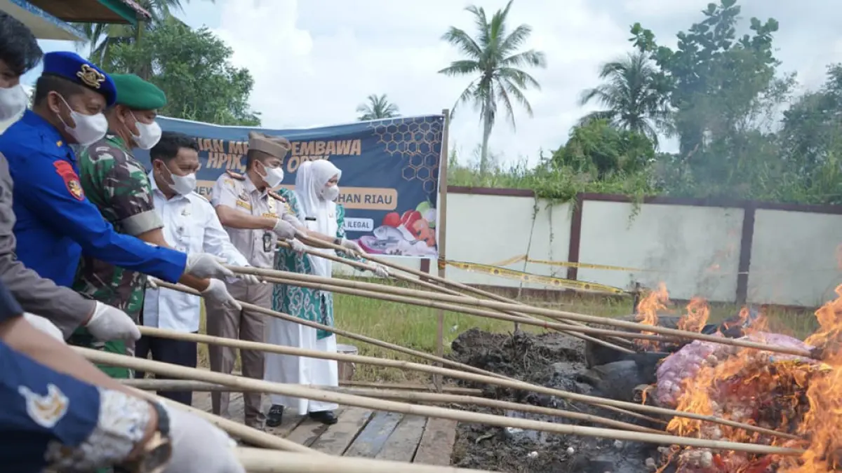 Puluhan ton komoditas ilegal hasil tangkapan dimusnahkan dengan cara dibakar di Kantor Karantina Kecamatan Tembilahan Hulu yang dihadiri Wakil Bupati Inhil, Yuliantini, Kamis (16/4/2026). (*2/RIAU POS)