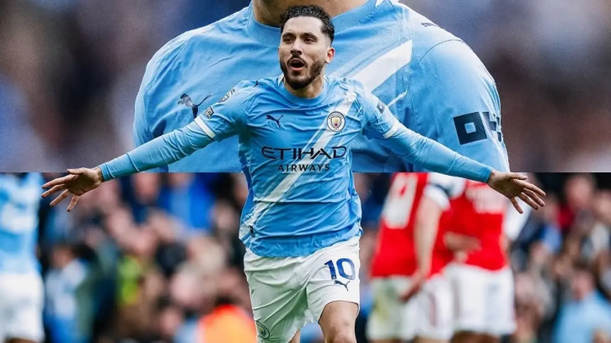 Gelandang Manchester City Rayan Cherki mencetak gol pemnuka saat mengalahkan Arsneal 2-1 do Etihad Stadium, Ahad (19/4/2026),. (Instagram @mancity) 