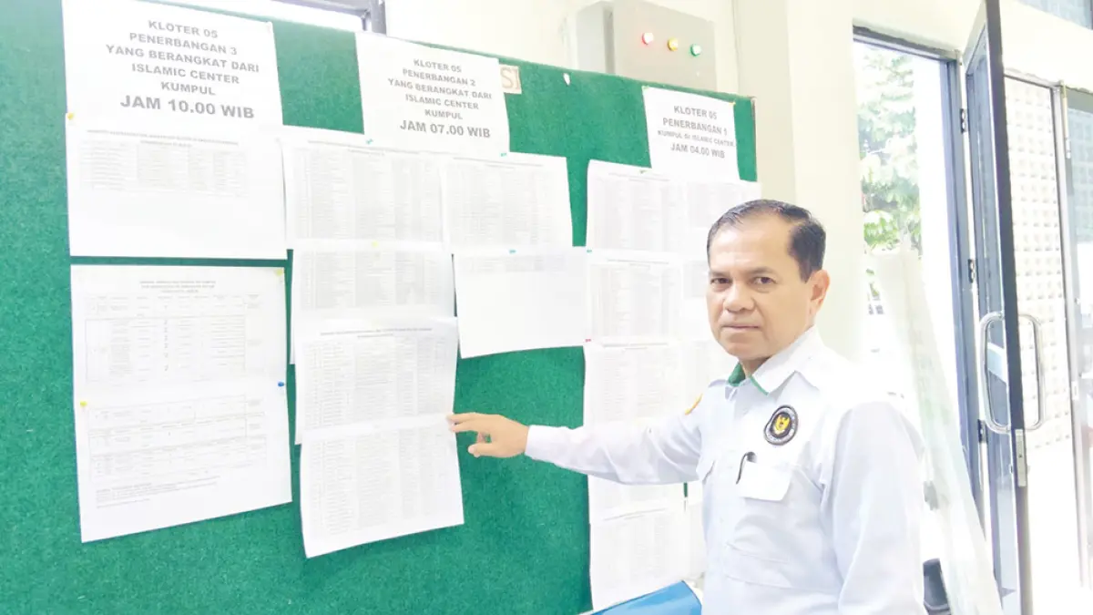 PERLIHATKAN JADWAL: Kepala Kantor Kementerian Haji dan Umrah Kampar Dirhamsyah memperlihatkan jadwal persiapan JCH di Bangkinang, Kampar, Senin (20/4/2026). (Kemenhaj untuk Riau Pos)
