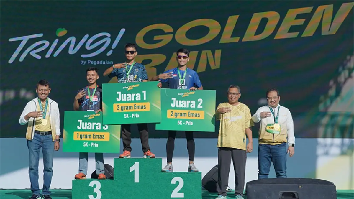 Para juara Tring! Golden Run 2026 foto bersama petinggi Pegadaian usai gelaran yang ditaja di Jakarta, belum lama ini. (ISTIMEWA)