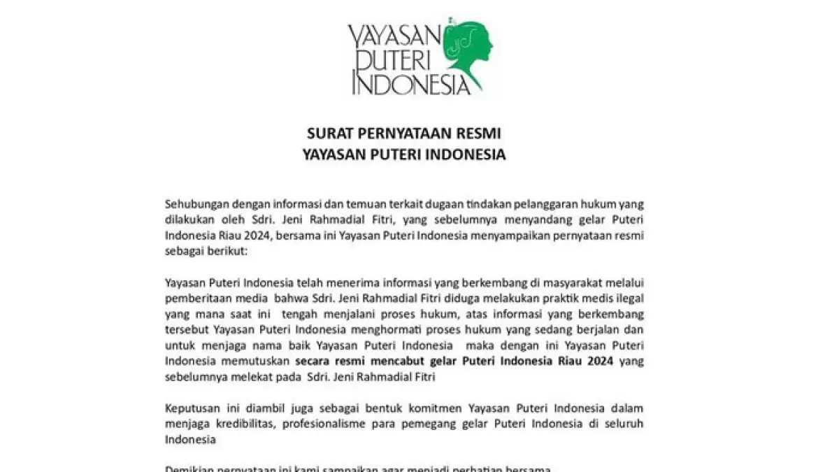 Yayasan Puteri Indonesia mencabut gelar Puteri Indonesia Riau 2024, yang sebelumnya disandang oleh Jeni Rahmadial Fitri. (Instagram @officialputeriindonesia)