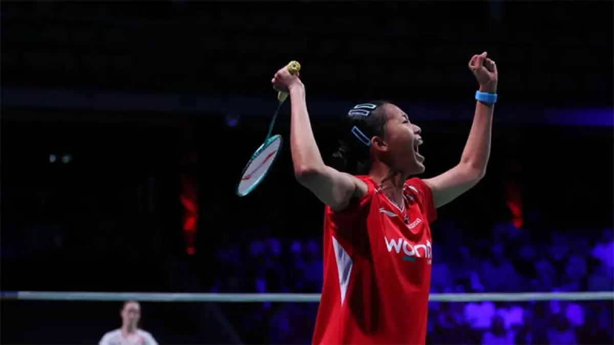 Putri Kusuma Wardani berselebrasi di Uber Cup 2026. PBSI

