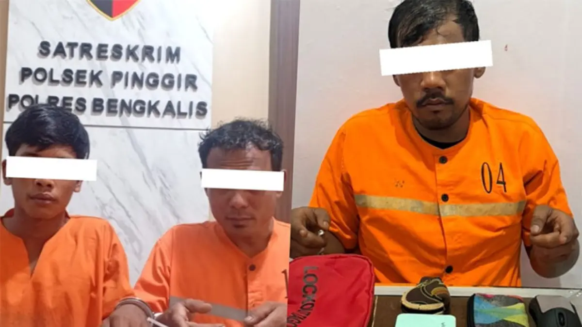 Oknum mahasiswa &nbsp;S (31) (kanan) bersama dua pengedar sabu diamankan di Mapolres Bengkalis pada, Ahad (3/5/2026). (Polres Bengkalis)