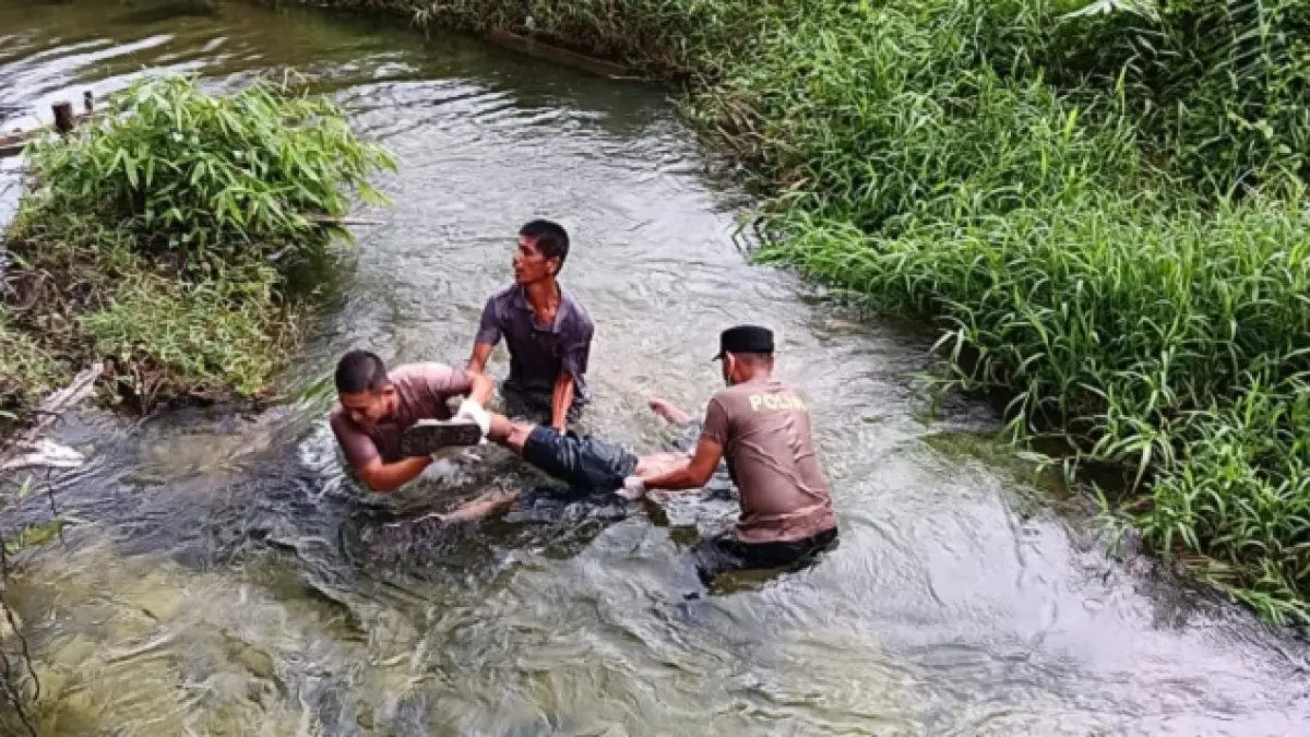 Personel Polsek Kampar Kiri Hilir mengevakuasi jenazah seorang pria bernama Jefri (36), warga Kelurahan Sungai Pagar, Kecamatan Kampar Kiri Hilir, Kabupaten Kampar yang ditemukan meninggal dunia di Sungai Piamban, Jumat (8/5/2026) sore. (Humas Polres Untuk Riaupos.co)