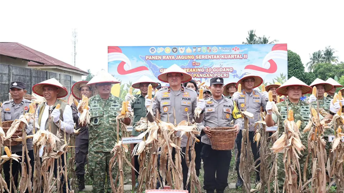 Wakapolda Riau Brigjen Pol Hengki Haryadi menunjukan hasil panen jagung di lahan yang berlokasi di Jalan Gajah, Kecamatan Tenayan Raya, Kota Pekanbaru, Sabtu (16/5/2026). (ISTIMEWA)
