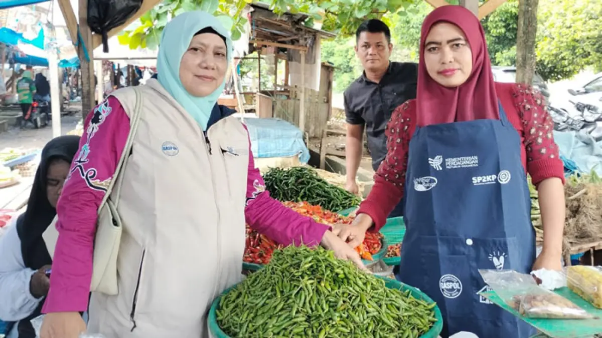 Pejabat fungsional pengawas perdagangan Dinas Kopdagrin Kuansing, Herlinawati meninjau harga sembako di pasar modern Teluk Kuantan, Ahad (17/5/2026). (Istimewa)