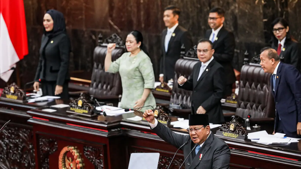 Presiden Prabowo Subianto menyampaikan pidato dalam Rapat Paripurna ke-19 DPR RI Masa Persidangan V Tahun Sidang 2025-2026 di Kompleks Parlemen, Jakarta, Rabu (20/5/2026). (Salman Toyibi/Jawa Pos)