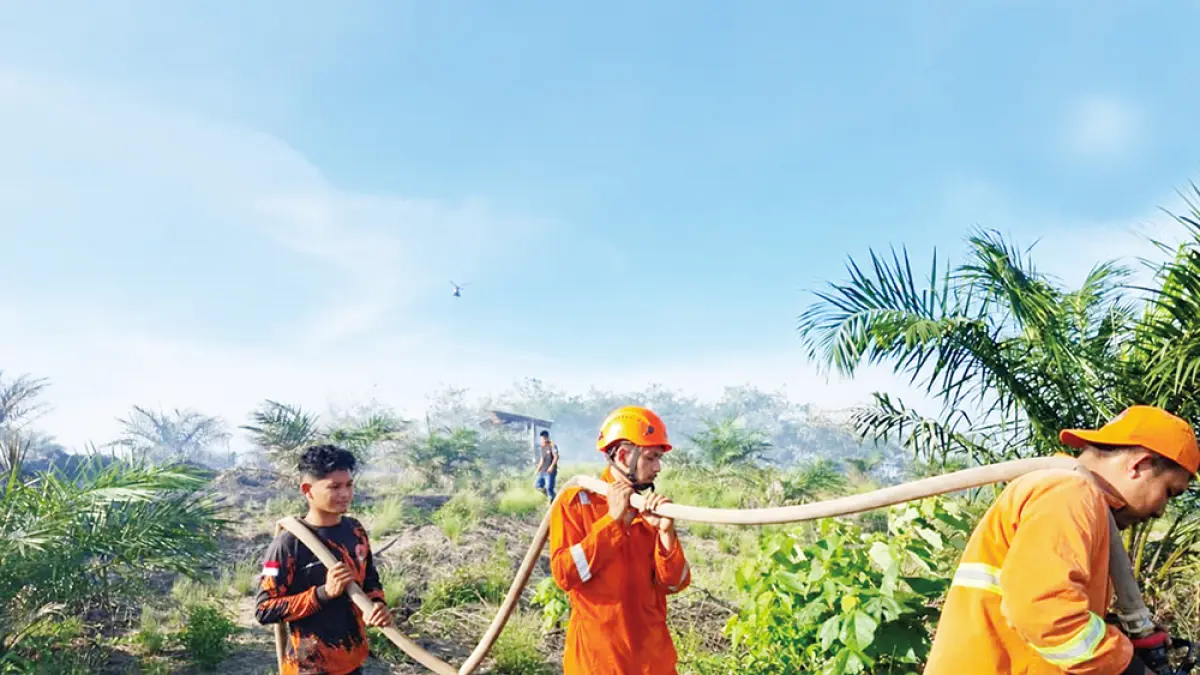 Petugas gabungan melakukan pendinginan terhadap lahan sawit dan karet yang terbakar di wilayah Kabupaten Kampar, Provinsi Riau, Sabtu (23/5/2026). (BPBD Kampar untuk Riau Pos)