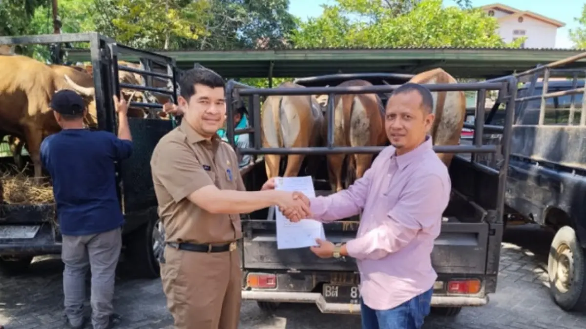 Pj Sekda Kampar Ardi Mardiansyah saat menerima hewan kurban dari sejumlah perusahaan di Masjid Islamic Center Bangkinang, Senin (25/5/2026). (Diskominfo Kampar untuk Riaupos.co)