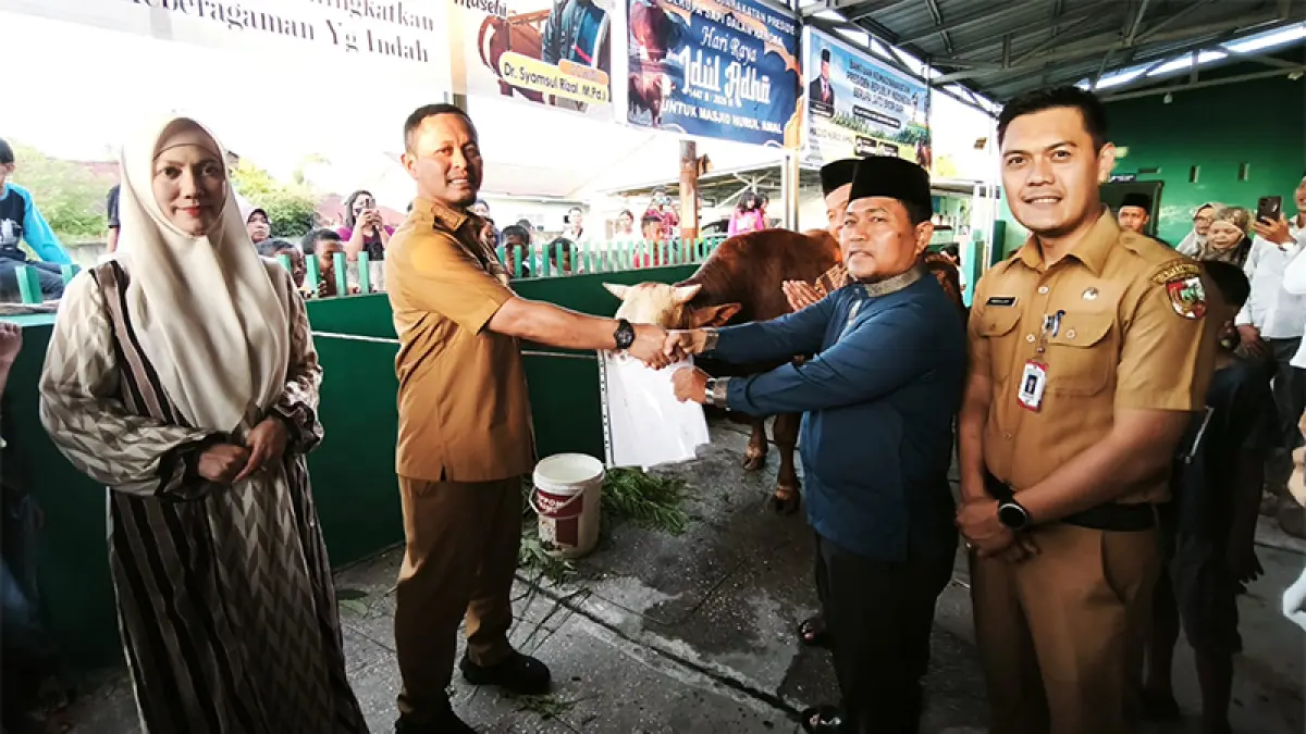 Wako Agung Nugroho menyerahkan sapi kurban Presiden Prabowo kepada pengurus Masjud Nurul Amal Jalan Kayu Manis Ujung Pekanbaru. (Istimewa)
