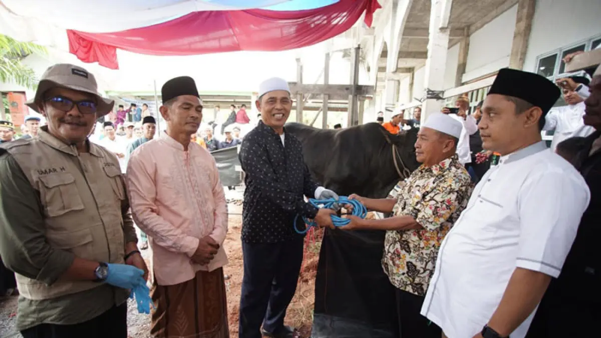 Bupati Inhil Herman serahterimakan sapi kurban bantuan Presiden Prabowo Subianto ke pengurus Masjid Al Muttaqin Kota Baru, Kecamatan Keritang, Rabu (27/5/2026). (Diskominfo Inhil)