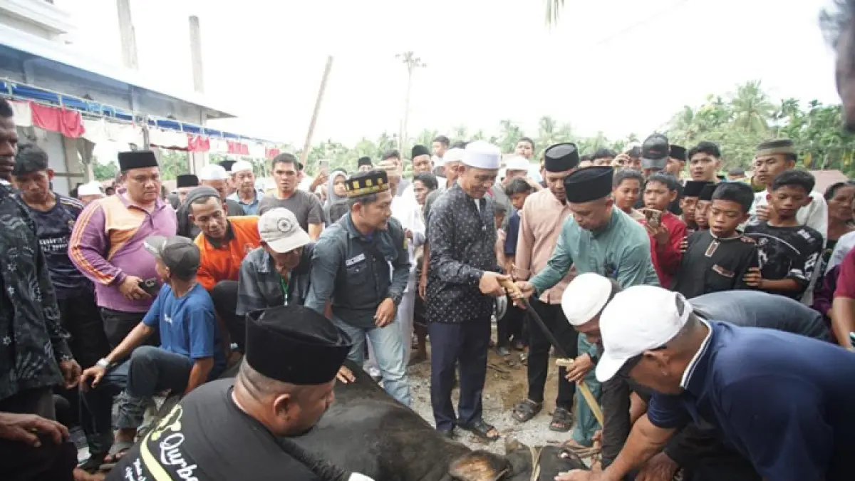 Bupati Inhil Herman terlihat memegang parang untuk memotong sapir kurban di Halaman Masjid Al Muttaqin Kota Baru, Kecamatan Keritang, Rabu (27/5/2026). (Diskominfo Inhil)
