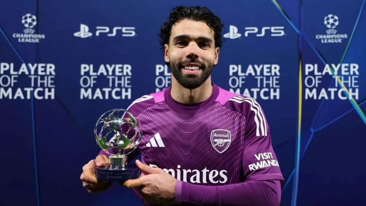 David Raya bergabung dengan Arsenal dari Brentford pada tahun 2023, awalnya dengan status pinjaman. (UEFA/UEFA via Getty Images)