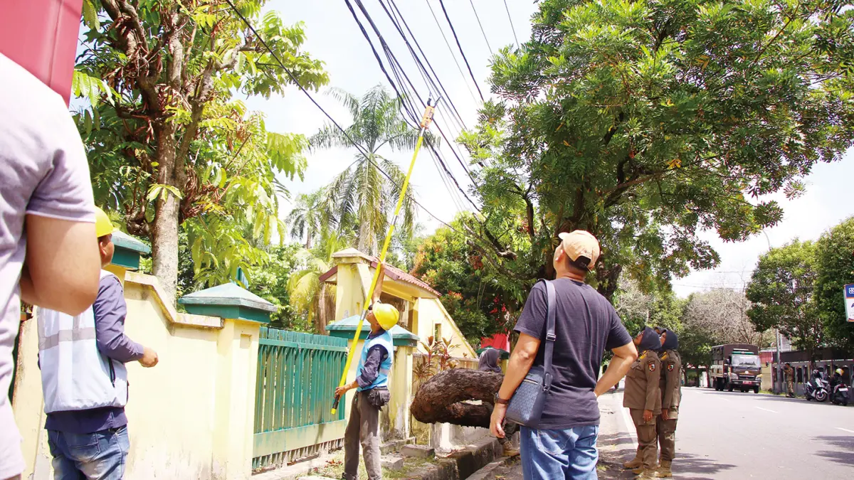 Petugas Diskominfotiksan Pekanbaru menata kabel fiber optik di Jalan Ronggowarsito, Ahad (31/5/2026).