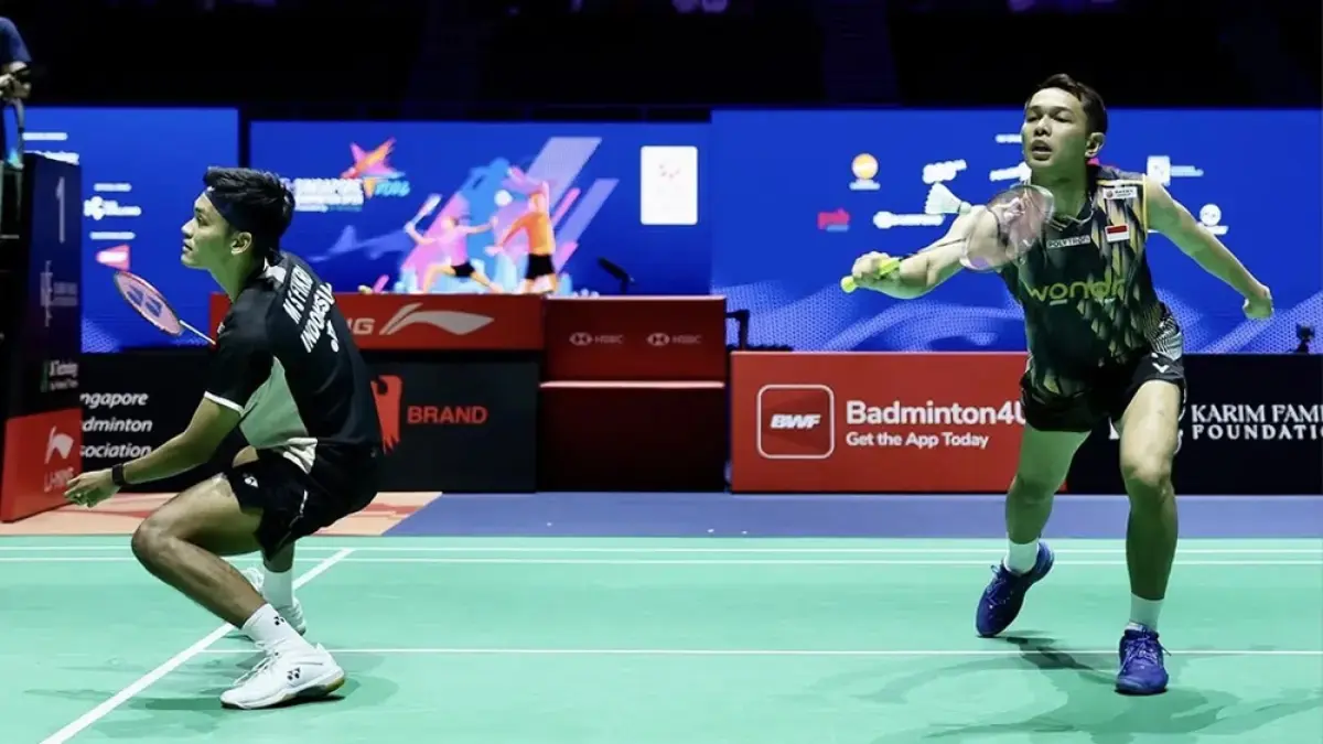 Ganda putra Indonesia Fajar Alfian/Muhammad Shohibul Fikri saat berlaga di Singapore Open 2026, baru-baru ini. (JPG)