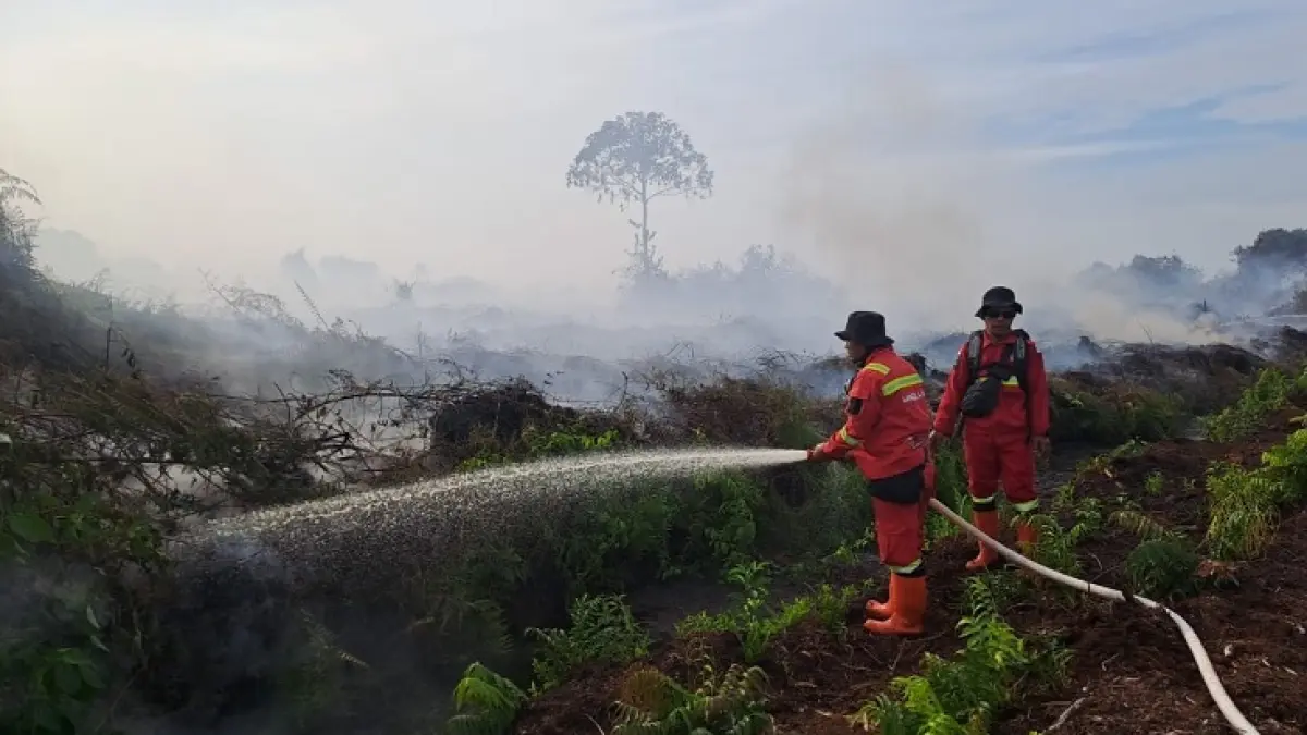 Tim Manggala Agni melakukan pemadaman lahan terbakar di wilayah Kepenghuluan Sungai Besar Kecamatan Pekaitan, Kamis (4/6/2026). (Manggala Agni untuk riaupos.co).