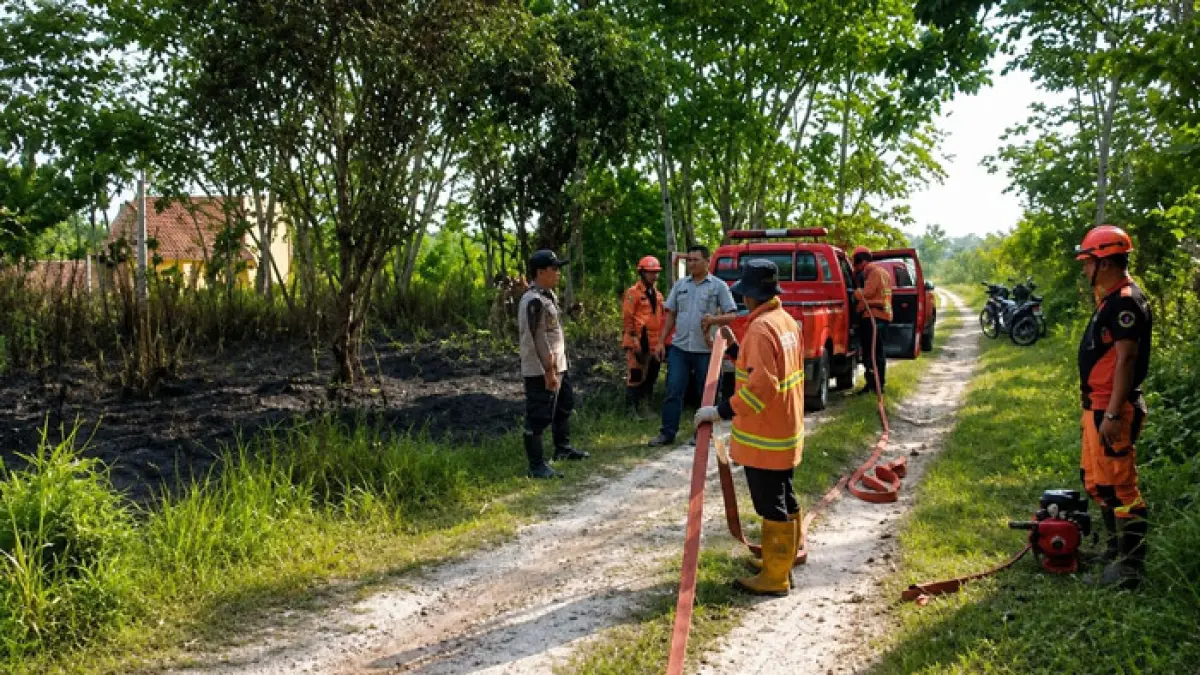 Tim gabungan yang terdiri dari BPBD Kabupaten Kampar, TNI, dan Polri berhasil memadamkan kebakaran lahan yang terjadi di Desa Ridan Permai, Kecamatan Bangkinang Kota, Kabupaten Kampar, Jumat (5/6/2026).(BPBD Kampar untuk Riaupos.co)