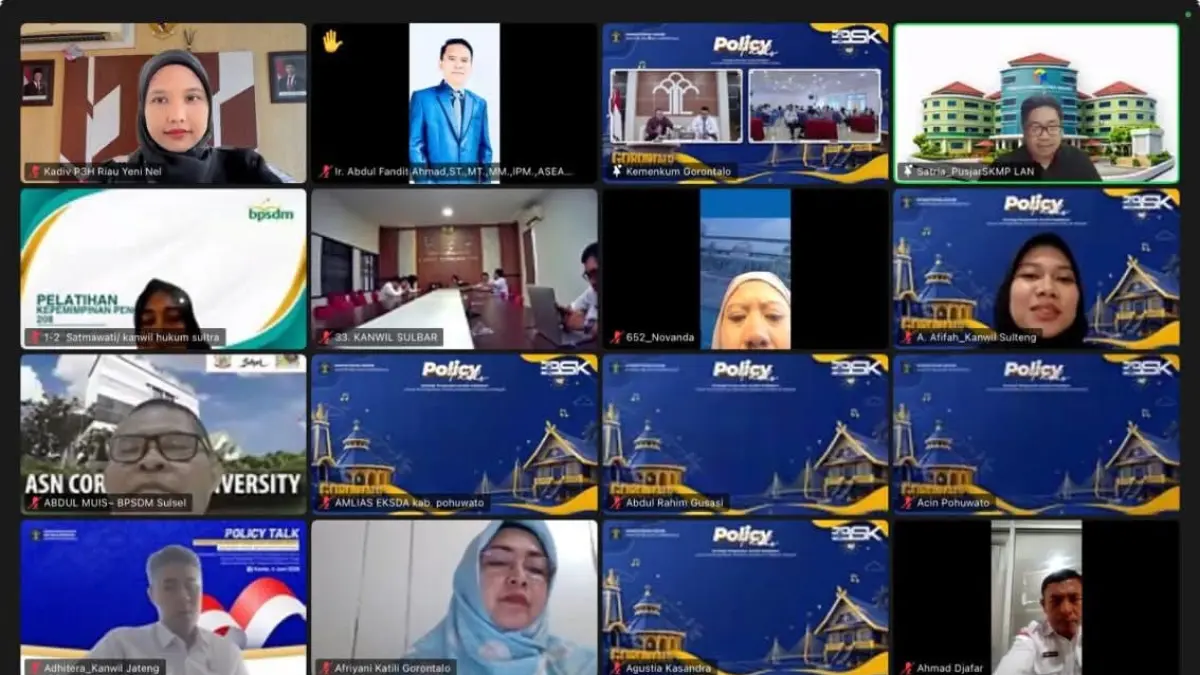 Tangkapan layar Kepala Divisi P3H Kanwil Kemenkum Riau Yeni Nel Ikhwan (kiri paling atas), beserta peserta lain saat mengikuti Policy Talks yang digelar Kanwil Kemekenkum Sulawesi Utara, Jumat (12/6/2026), (Kanwil Kemenkum Riau)