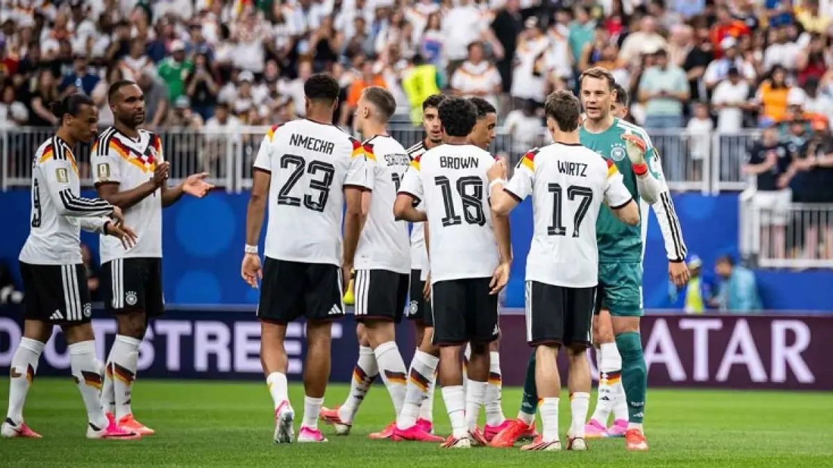 Para pemain Jerman merayakan kemenangan setelah mengalahkan Curacao 7-1 di pertandingan pembuka mereka di Piala Dunia 2026. (Getty Images)&nbsp;
