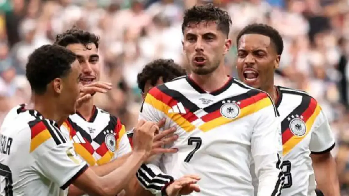 Selebrasi Kai Havertz usai cetak gol ke gawang Curacao. Timnas Jerman menang telak 7-1 atas Curaçao di Piala Dunia 2026. (The Guardian)