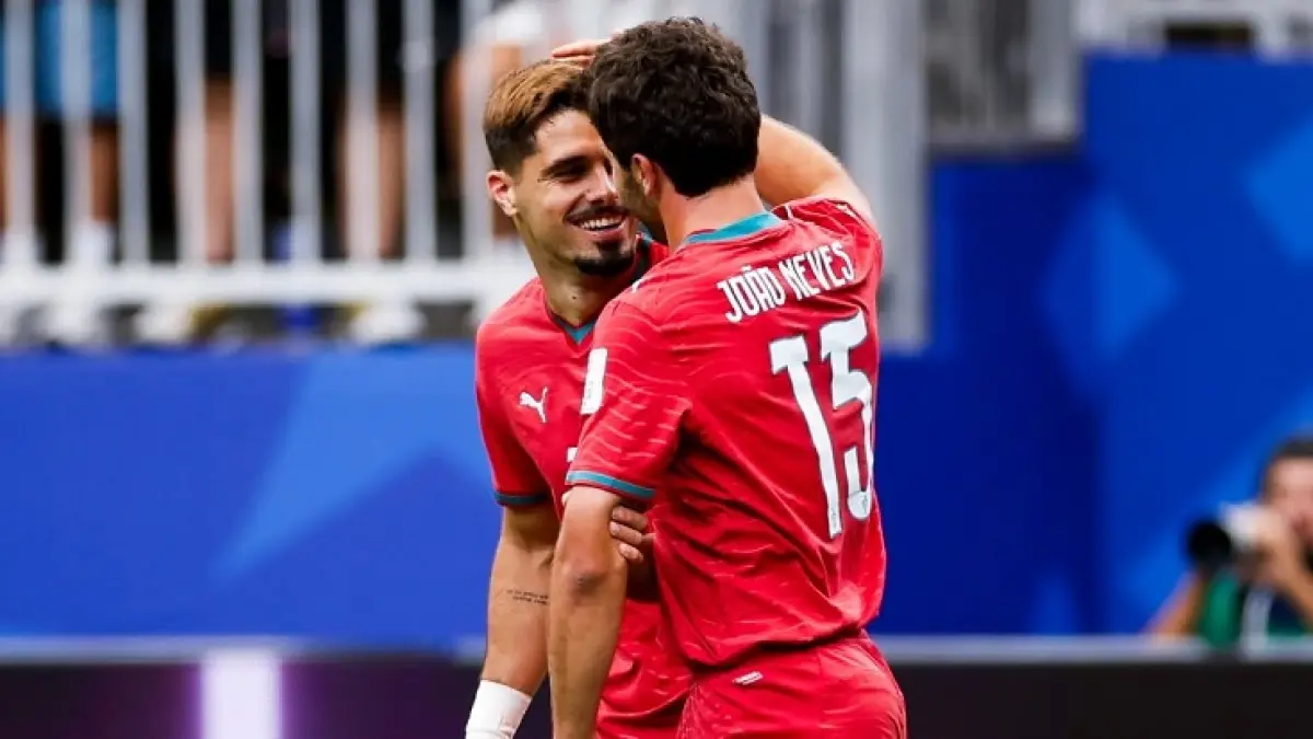 Joan Neves merayakan gol Portugal ke gawang Kongo dalam laga imbang 1-1 di Hrup L Piala Dunia 2026.  