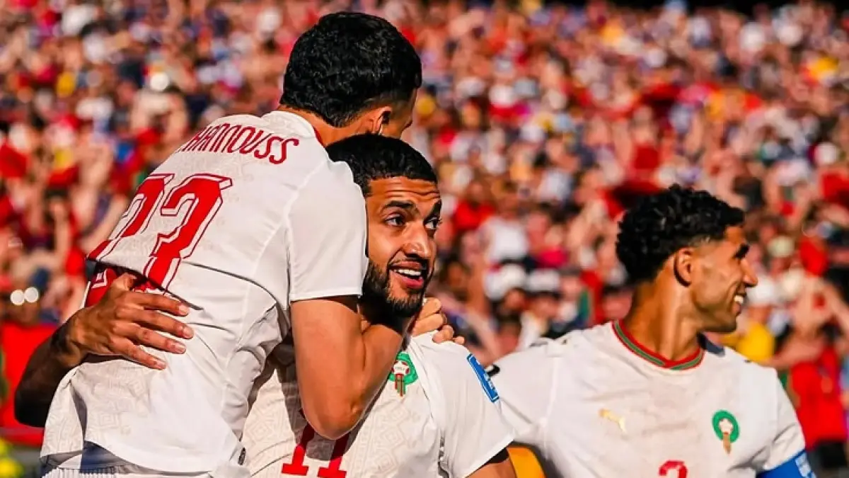Ismael Saibari (tengah) merayakan gol usai memncetak gol cepat saat Maroko mengalahkan Skotlandia 1-0 pada laga Grup C Piala Dunia 2026  (Instagram @433.marocco)