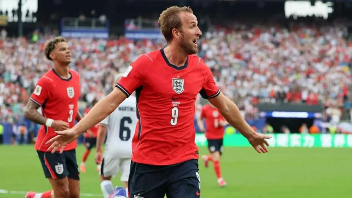 Harry Kane merayakan gol usai membobol gawang Panama yang membuatnya menjadi top skorer Inggris sepanjang masa di Piala Dunia dengan 11 gol. (Richard Sellers/Sportsphoto/Allstar via Getty Images)