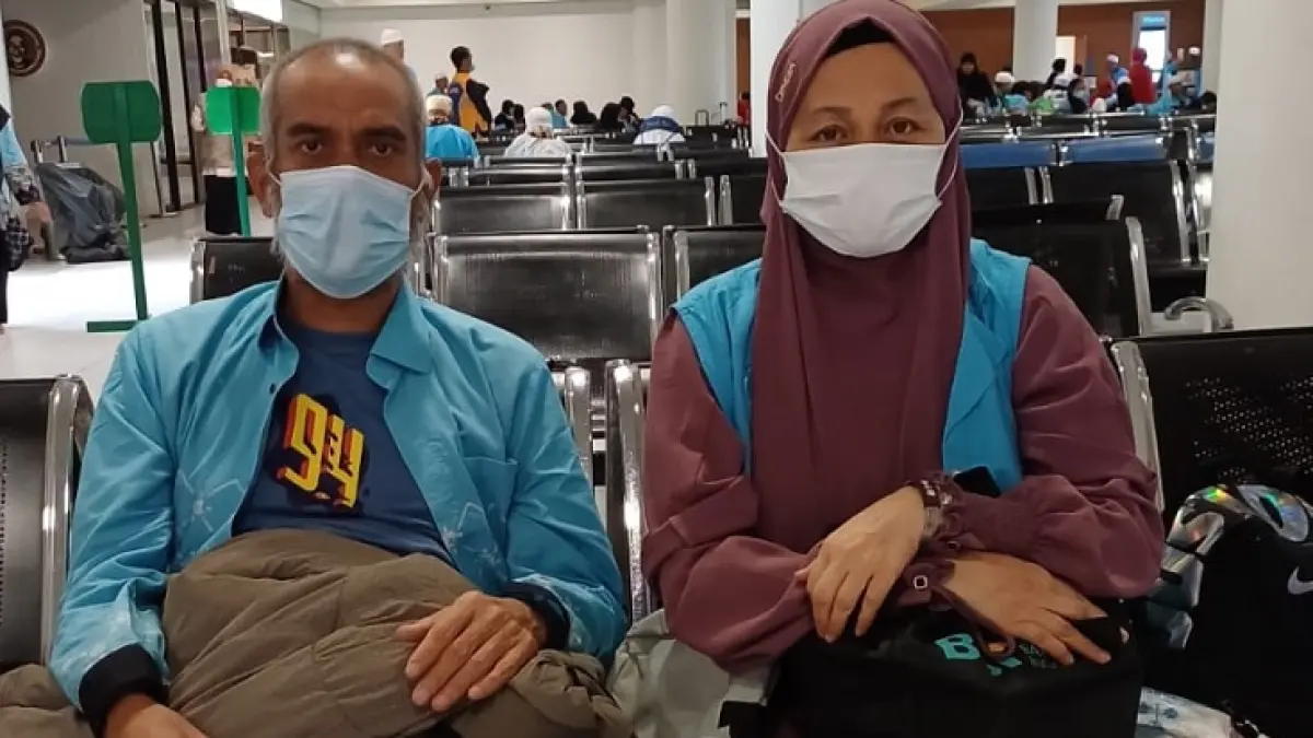 Jemaah haji Riau yang sempat dirawat di Arab Saudi Rusli Ahmad Akram dan Reni Purnama akhirnya kembali ke Tanah Air. (Istimewa)