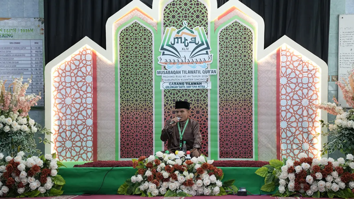 Suasana saat lomba Cacat Netra Dewasa Putra Musabaqah Tilawatil Qur’an ke-44 Tingkat Provinsi Riau di Kabupaten Kuantan Singingi yang berlokasi di Masjid Al Muhajirin Kelurahan Sungai Jering, Kecamatan Kuantan Tengah, Selasa (30/6/2026). (Desriandi chandra/riau pos)
