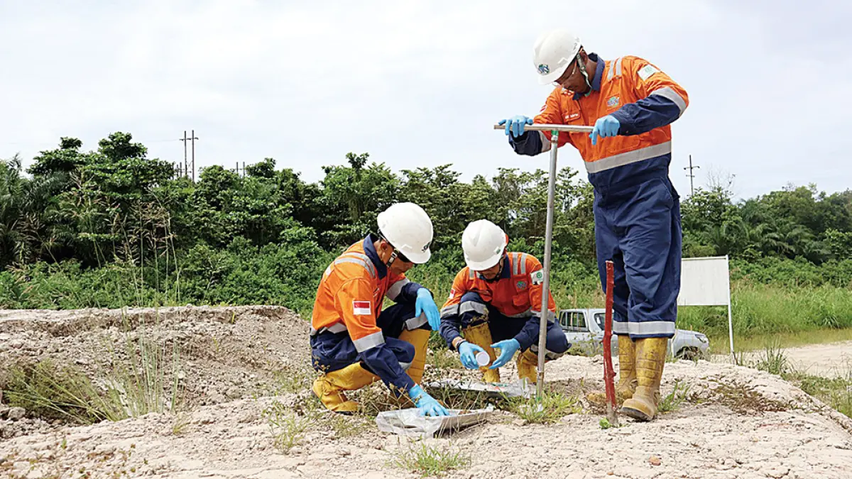 Dua pekerja tengah melakukan pengambilan sampel pada salah satu lokasi pemulihan TTM di WK Rokan. (PHR untuk Riau Pos)