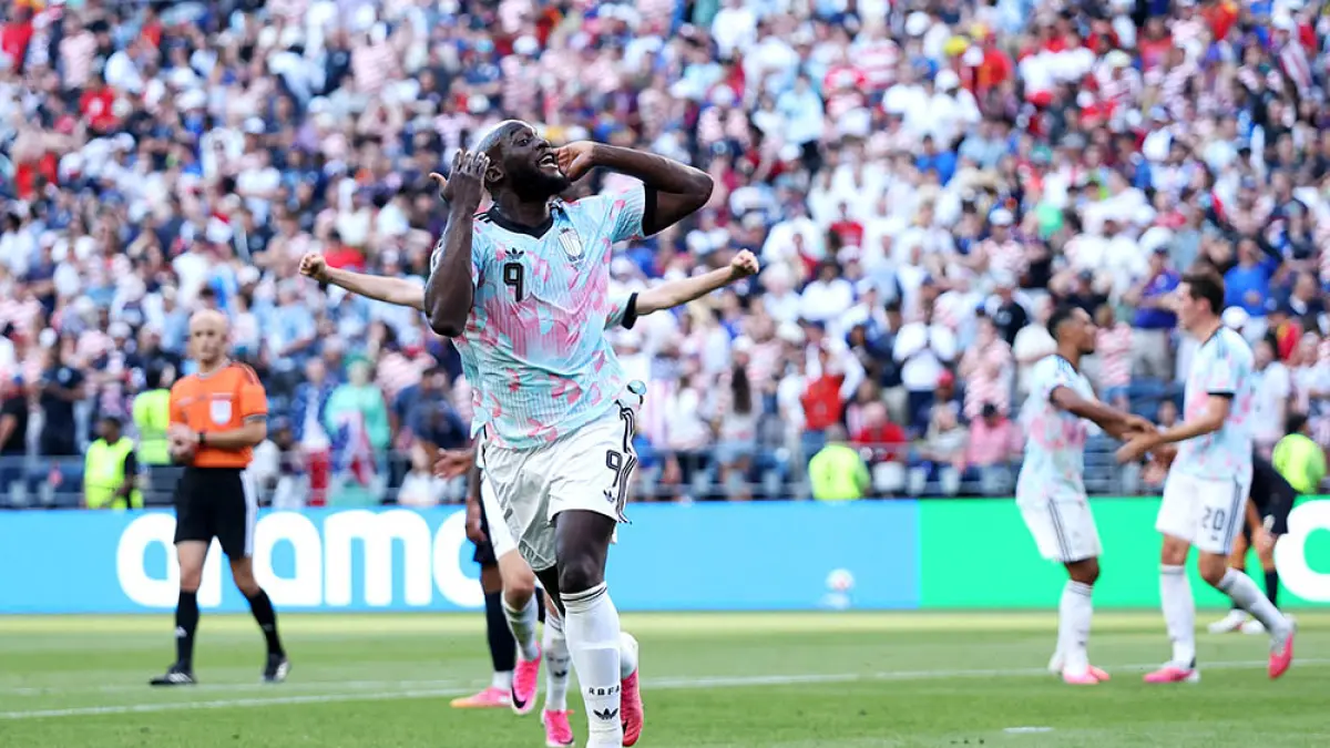 Penyerang Belgia Romelu Lukaku melakukan selebrasi usai mencetak gol keempat timnya dalam pertandingan Babak 16 Besar Piala Dunia FIFA 2026 di Seattle Stadium, Selasa (7/7/2026). (afp)
