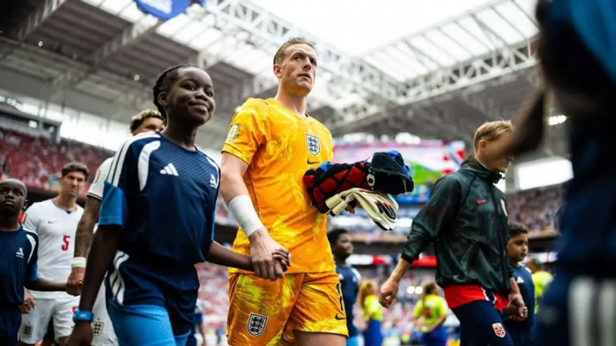 Kiper Timnas Inggris Jordan Pickford telah memecahkan rekor penampilan terbanyak Inggris di Piala Dunia dengan 18 penampilan melewati Peter Shilton . (Getty Image)