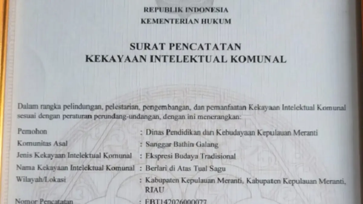 Dua Ekspresi Budaya Tradisional (EBT), yakni Bele Kampung dan Berlari di Atas Tual Sagu, resmi tercatat sebagai Kekayaan Intelektual Komunal (KIK) pada Direktorat Jenderal Kekayaan Intelektual (DJKI) Kementerian Hukum Republik Indonesia. (Istimewa)