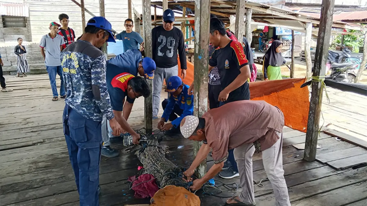 Warga bersama DPKP Inhil dan petugas kepolisian mengevakuasi buaya 2,5 meter yang sering muncul di Perairan Sungai Gaung, Kecamatan Gaung, Sabtu (18/7/2026).(Istimewa)