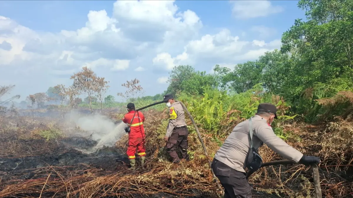 Tim Satgas Gabungan melakukan pemadaman dan pendinginan di lokasi kebakaran di Jalan Tangkahan Tegar Ujung Canal Atiam, perbatasan Kelurahan Pematang Pudu, Kecamatan Mandau dengan Desa Buluh Apo, Kecamatan Pinggir, Kabupaten Bengkalis, Sabtu (18/7/2026). Humas Polres Bengkalis