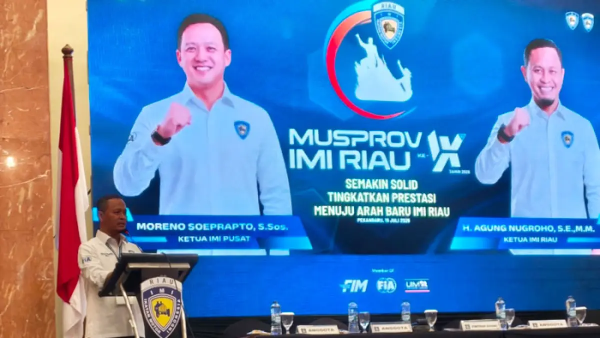 Agung Nugroho terpilih secara aklamasi sebagai Ketua IMI Riau Masa Bakti 2026–2030 dalam Musyawarah Provinsi (Musprov) IX IMI Riau yang digelar di Hotel Aryaduta Pekanbaru, Ahad (19/7/2026).