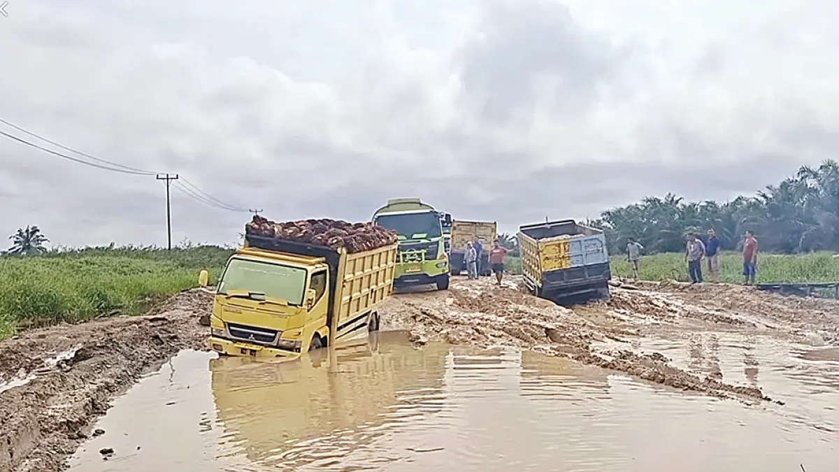 RUSAK PARAH: Sejumlah truk terpuruk saat melintas di jalan rusak Desa Sontang, Kecamatan Bonai Darussalam, Kabupaten Rohul saat menuju Kota Duri, Kecamatan Mandau, Kabupaten Bengkalis, Senin (20/7/2026). (warga Sontang untuk Riau Pos)

