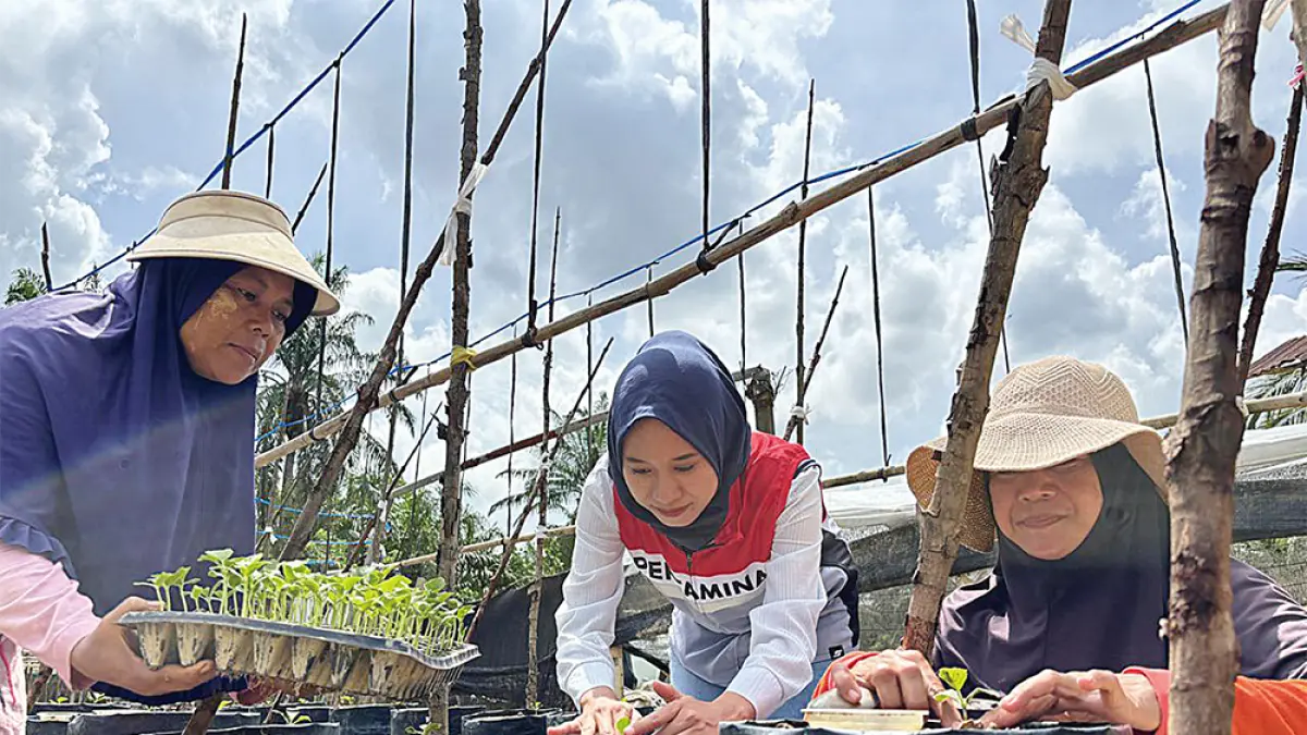 Perwakilan manajemen Pertamina EP Rantau Field bersama anggota Kelompok Tani Melon Mutiara menanam bibit melon di polybag Kebun Kelon, Tanjung Seumantoh, Karang Baru, Aceh Tamiang, Selasa (21/7/2026). (Pertamina EP Field Rantau untuk Riau Pos)
