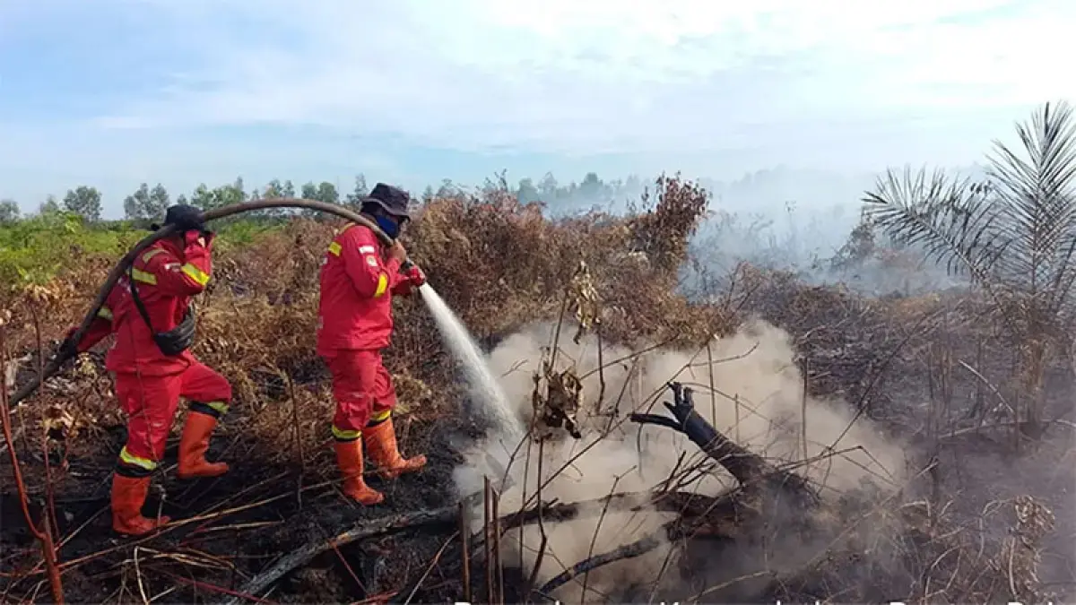 Tim pemadan melakukan pendinginan di lahan yang terbakar di salah satu daerah di Provinsi Riau, belum lama ini. (Dok Riaupos.co)