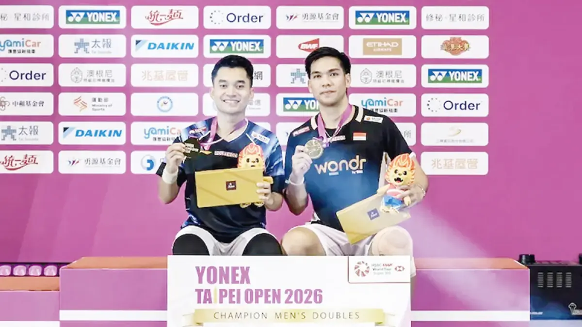 Ganda putra Indonesia Leo Rolly Carnando/Daniel Marthin keluar sebagai  juara Taipei Open 2026 setelah di final mengalahkan ganda Malaysia Aaron Chia/Aaron Tai  23-21, 21-19 di Taipei Arena, Taipei, Ahad (2/8/2026). (pbsi)