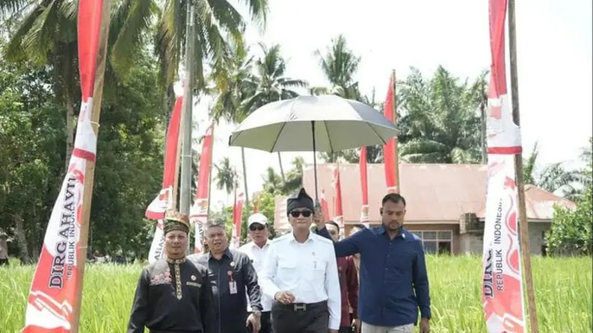 Menteri PU RI, Dody Hanggodo didampingi Plt Bupati H Muklisin meninjau sarana irigasi persawahan di Desa Pulau Komang Kecamatan Sentajo Raya, Selasa (4/8/2026) siang. (Desriandi Candra/Riaupos.co)