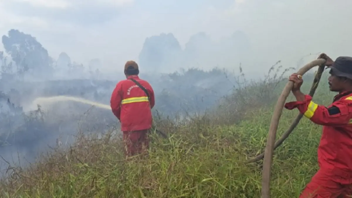 Tim Manggala Agni Daops Rengat tengah melakukan pemadaman Karhutla di Desa Sungai Guntung Hilir, Rabu (5/8/2026).(Manggala Agni Daops Rengat)