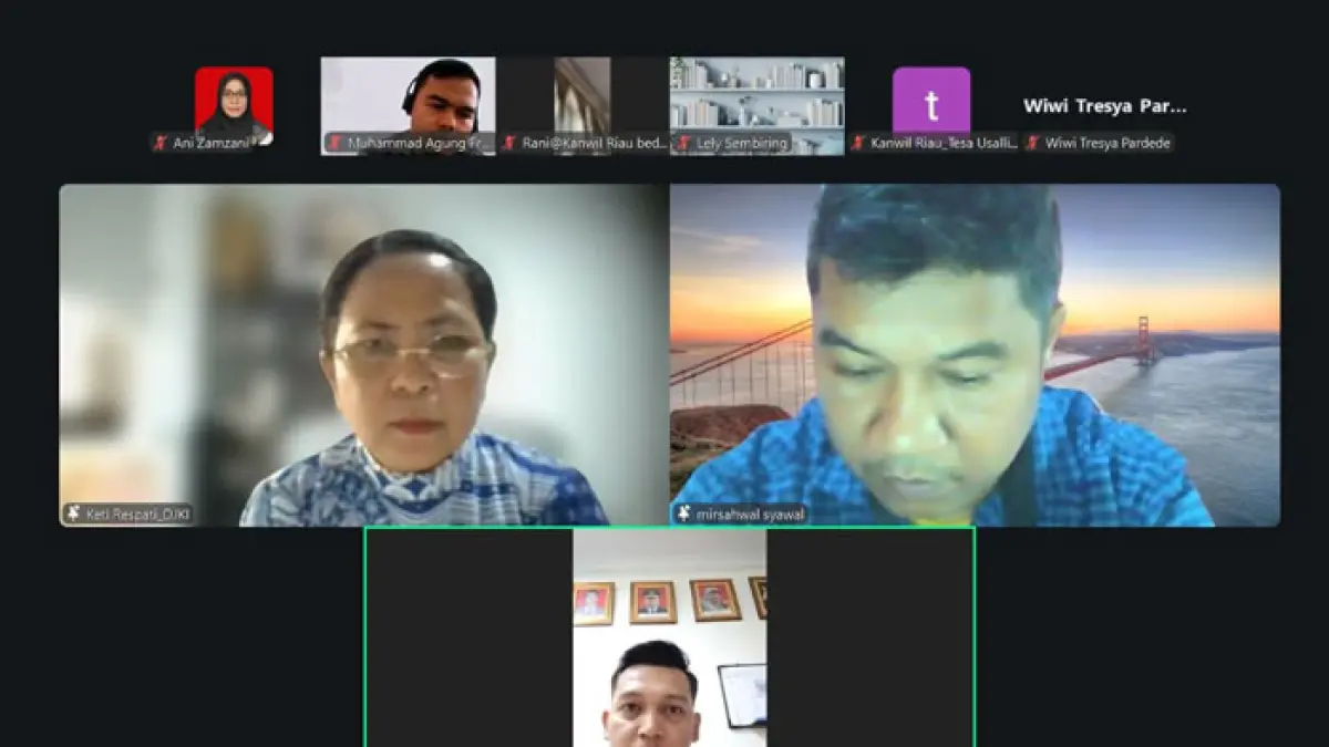 Layar zoom conference kegiatan Bimbingan Teknis Pendalaman Kekayaan Intelektual yang diikuti Kanwil Kemenkum Riau pada Jumat (7/8/2026). (Humas Kanwil Kemenkum Riau untuk Riaupos.co)