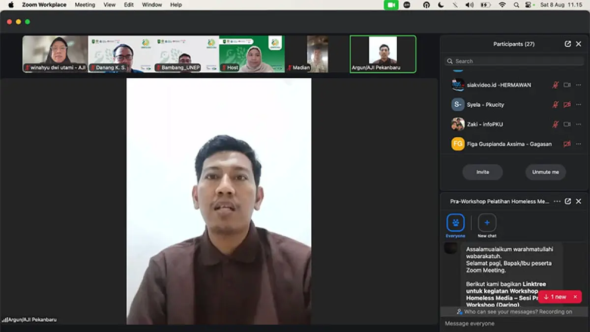 Pra-workshop lingkungan yang digelar AJI Pekanbaru dan GREEN for Riau Initiative secara daring, Sabtu (8/8/2026). (Istimewa)&nbsp;