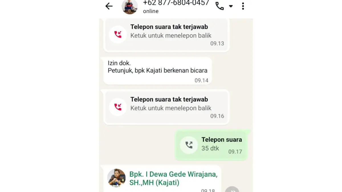 Tangkapan layar pembicaraan WhatsApp yang diduga modus penipuan dengan mencatut nama Pejabat Kajati Riau. (Istimewa)